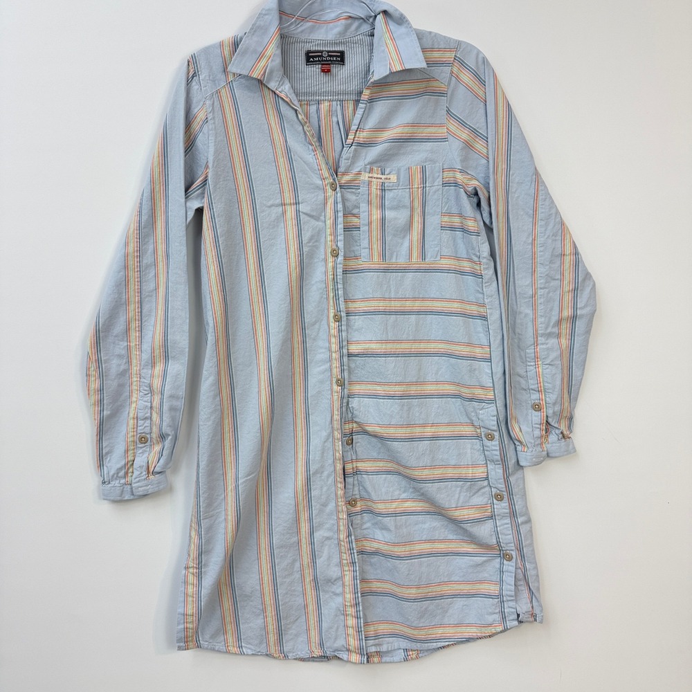 Amundsen Sports Vagabond Shirt Dress Womens S Blue Striped Cotton Button Up